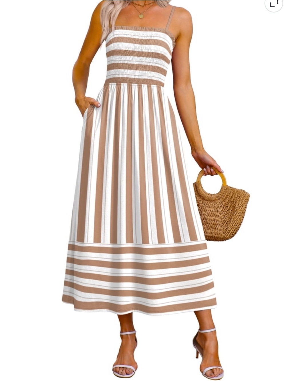 Striped Smocked Bodice Maxi Dress in Beige and White